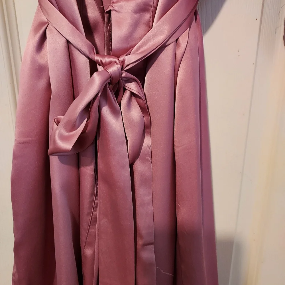 Womens One Size Robe Kimono Rose Mauve Bell Sleeve Lace Trim Belt Glam